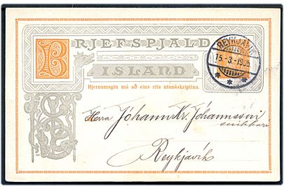 3 aur Chr. IX lokalt helsagsbrevkort i Reykjavik d. 15.3.1905.