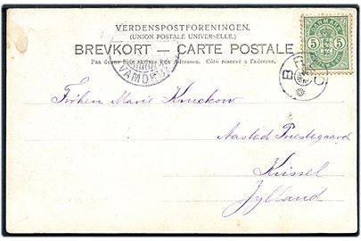 5 øre Våben på brevkort annulleret med stjernestempel BRED og sidestemplet med svagt bureaustempel Fredericia - Vamdrup T.? d. 1905 til Aasted Præstegaard pr. Kvissel.