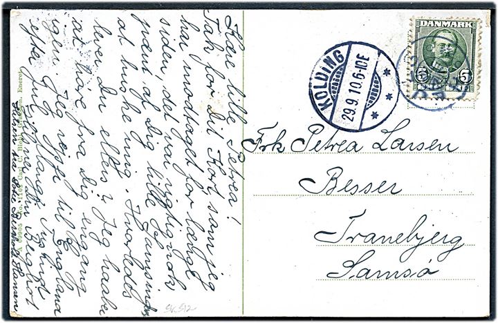 5 øre Fr. VIII på brevkort (Grænsen ved Skodborghus) annulleret med stjernestempel HEJLS og sidestemplet Kolding d. 29.9.1910 til Tranebjerg på Samsø.