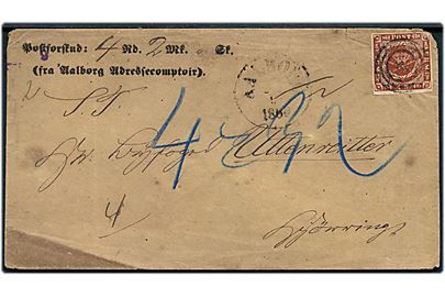 4 sk. 1858 udg. på brev med postforskud annulleret med nr.stempel 4 og sidestemplet antiqua Aalborg d. ?.9.1860 til Hjørring.