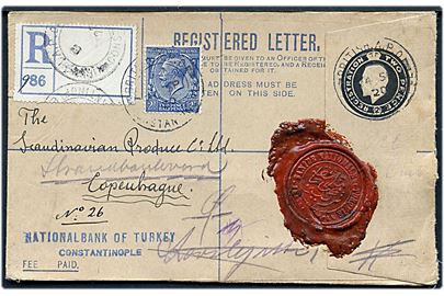 2d George V anbefalet helsagskuvert opfrankeret med 2½d George V stemplet British A.P.O. Constantinople d. 24.9.1920 via London til København, Danmark.