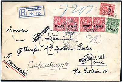 ½d og 1d (5) George V Levant provisorium på anbefalet brev fra British Post Office Constantinople d. 7.3.1913 til Rom, Italien. Returneret som ikke afhentet med transit stempel fra Constantinopel Deutsche Post.