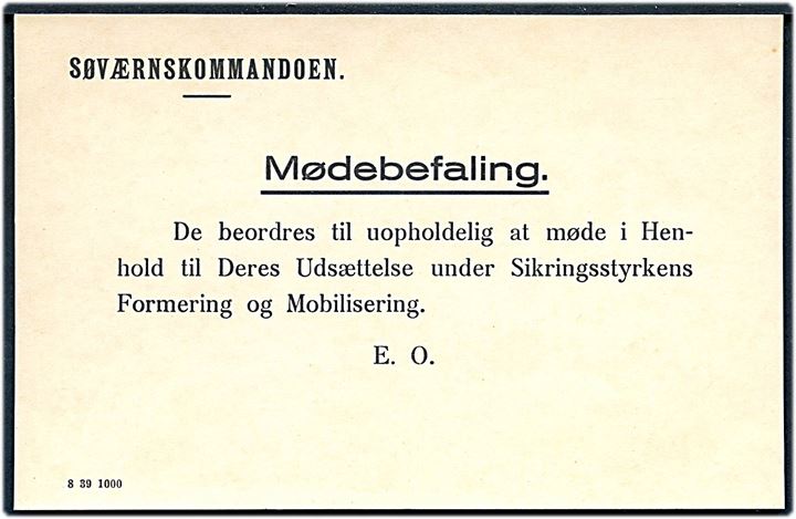 Mødebefaling fra Søværnskommandoen. Formular 8 39 1000. Ubrugt.