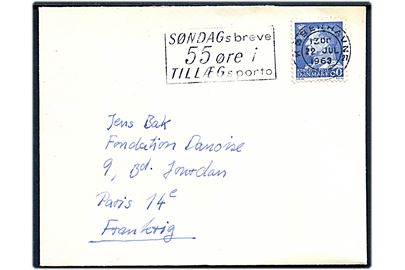 60 øre Fr. IX på brev annulleret med TMS SØNDAGs breve 55 øre i TILLÆGs porto/København OMK. 27 d. 22.7.1963 i Paris, Frankrig.