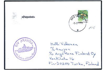 Finsk 3,50 mk. på brev annulleret med grønlandsk stempel 3913 Tasiilaq d. 3.9.1998 og sidestemplet Paquebot til Turku, Finland. Finsk privat skibsstempel: R/V Aranda Finnish Institute of Marine Research.