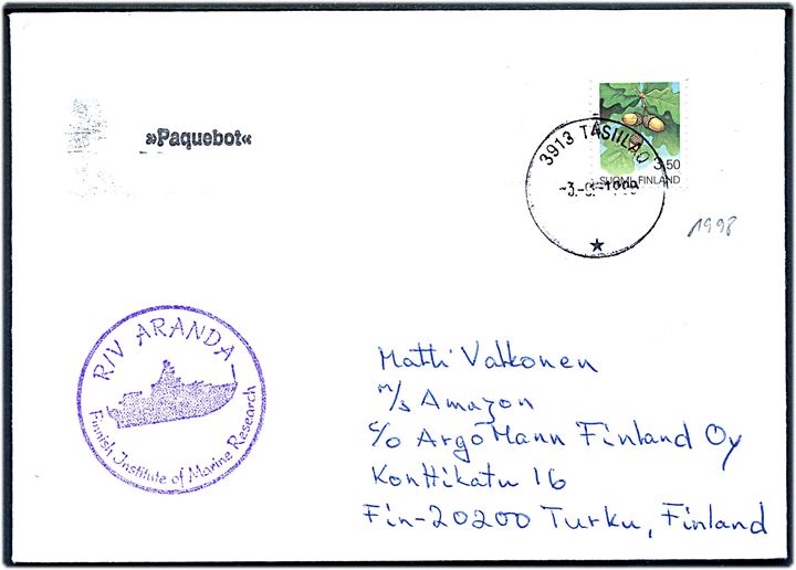 Finsk 3,50 mk. på brev annulleret med grønlandsk stempel 3913 Tasiilaq d. 3.9.1998 og sidestemplet Paquebot til Turku, Finland. Finsk privat skibsstempel: R/V Aranda Finnish Institute of Marine Research.