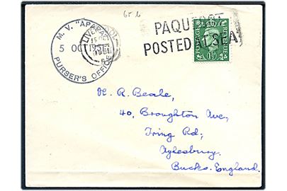 1½d George VI på brev annulleret med skibsstempel Liverpool / Paquebot posted at sea d. 15.10.1951 og sidestemplet M.V. Apapa Purser's Office d. 5.10.1951 til England.