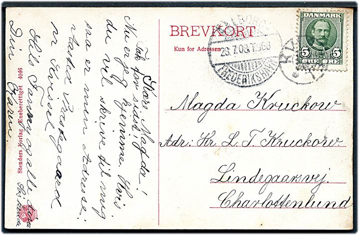 10 øre Våben på brevkort (Nyraad station) annulleret med stjernestempel NYRAAD og sidestemplet bureau Masnedsund - Kallehave T.5 d. 21.12.1904 til London, England.