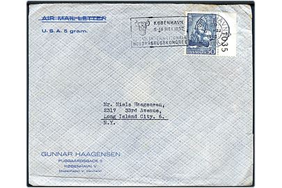 50 øre Søofficersskolen single på fortrykt U.S.A. 5 gram kuvert fra København d. 6.5.1952 til Long Island, USA.