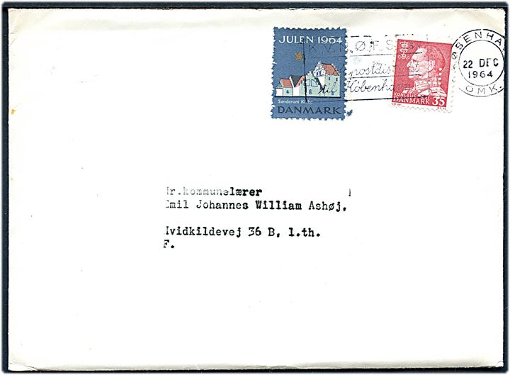 35 øre Fr. IX med perfin H (Hjemmeværnet) og Julemærke 1964 på brev sendt lokalt i København d. 22.12.1964. Indeholder Distriktsbefaling nr. 24/64 fra Hjemmeværnsdistrikt VIII.