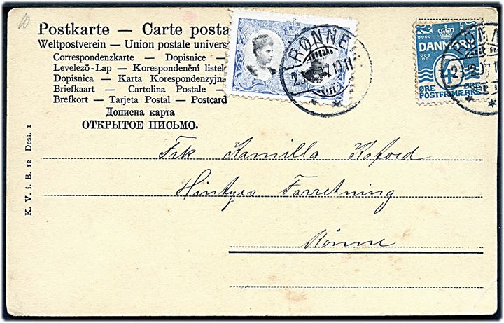 4 øre Bølgelinie og Julemærke 1907 på lokalt tryksags-kort i Rønne d. 23.12.1907.