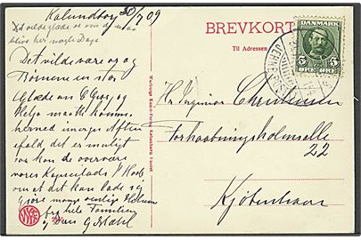 5 øre Fr. VIII på brevkort fra Kalundborg annulleret med reserve bureaustempel (R2) Østifternes Jernb. Postkt. T.154 d. 31.7.1909 til København. Stempel benyttet på strækningen København-Kallundborg. 