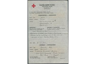 Røde Kors formular (Form III-10-44) fra København 2.6.1945 til Port Said, Egypten. Retur i 20 øre frankeret Røde Kors rudekuvert fra København d. 14.6.1945 med indlagt meddelelse om refundering af 1,50 kr. og post-forbindelsen til Egypten er genåbnet.