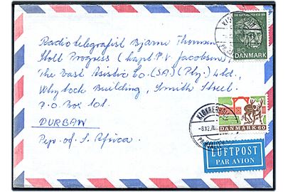 60 øre Jægerborg Dyrehave og 80 øre Martin Andersen Nexø på luftpostbrev annulleret med pr.stempel Klokkerholm pr. Hjallerup d. 8.12.1970 til sømand ombord på M/T Stolt Progress i Durban, Sydafrika.