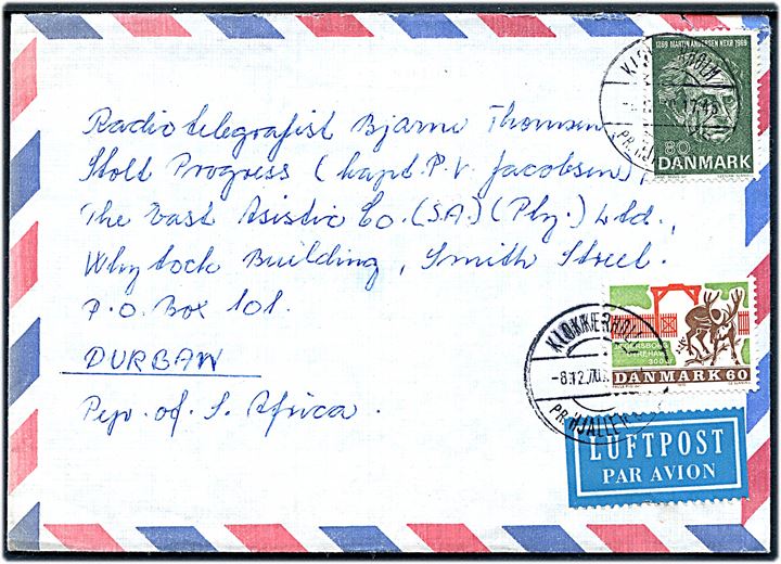 60 øre Jægerborg Dyrehave og 80 øre Martin Andersen Nexø på luftpostbrev annulleret med pr.stempel Klokkerholm pr. Hjallerup d. 8.12.1970 til sømand ombord på M/T Stolt Progress i Durban, Sydafrika.