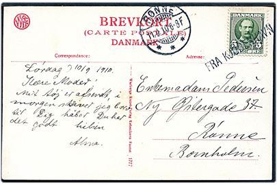 5 øre Fr. VIII på brevkort (Slagelse, Hans Tavsens Mindesten) annulleret med skibsstempel Fra Kjøbenhavn og sidestemplet Rønne d. 11.9.1910 til Rønne, Bornholm.