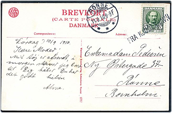 5 øre Fr. VIII på brevkort (Slagelse, Hans Tavsens Mindesten) annulleret med skibsstempel Fra Kjøbenhavn og sidestemplet Rønne d. 11.9.1910 til Rønne, Bornholm.