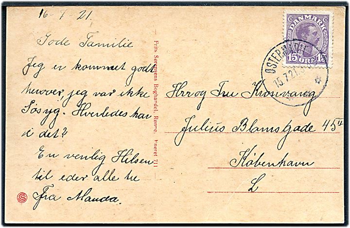 15 øre Chr. X på brevkort annulleret med brotype IIIb Østermarie d. 15.7.1921 til København.