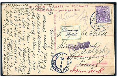 15 øre Chr. X på brevkort (Gaardbogaard) fra Aalbæk d. 29.12.1922 til Helsingborg, Sverige. Retur med 2-sproget returetiket: Flyttat.