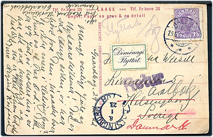 15 øre Chr. X på brevkort (Gaardbogaard) fra Aalbæk d. 29.12.1922 til Helsingborg, Sverige. Retur med 2-sproget returetiket: Flyttat.