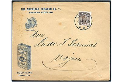 20 øre Chr. X på illustreret firmakuvert fra The American Tobacco Co. med Gold Flake cigaretter fra Esbjerg d. 3.10.1922 til Vojens.