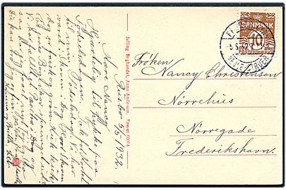 10 øre Bølgelinie på brevkort (Uffe stenen, Jellinge) dateret i Rusbo og annulleret med bureaustempel Fredericia - Vejle - Struer T.1196 d. 5.5.1932 til Frederikshavn.