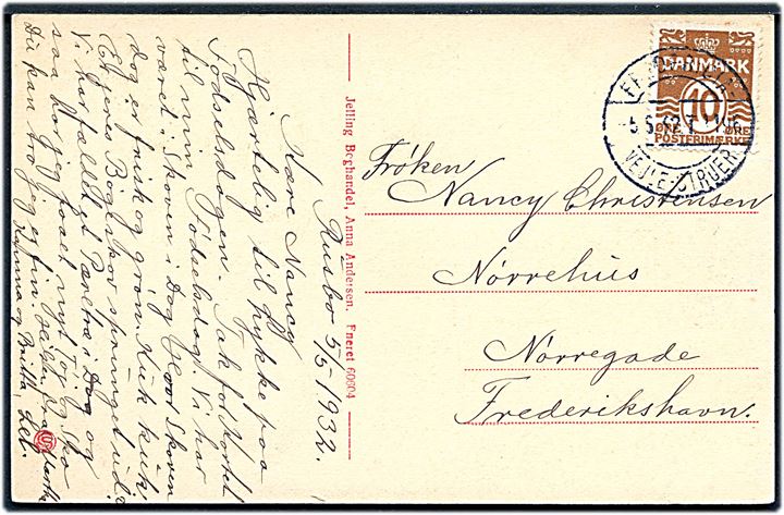 10 øre Bølgelinie på brevkort (Uffe stenen, Jellinge) dateret i Rusbo og annulleret med bureaustempel Fredericia - Vejle - Struer T.1196 d. 5.5.1932 til Frederikshavn.