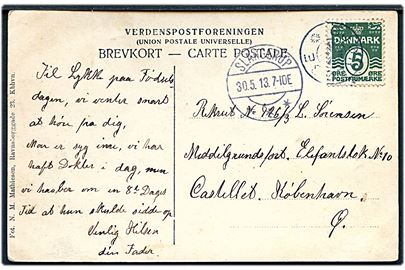 5 øre Bølgelinie på brevkort (Parti fra Gørløse) annulleret med sjældent stjernestempel GJØRLØSE og sidestemplet Slangerup d. 30.5.1913 til rekrut på Middelgrundfortet, Kastellet, København.