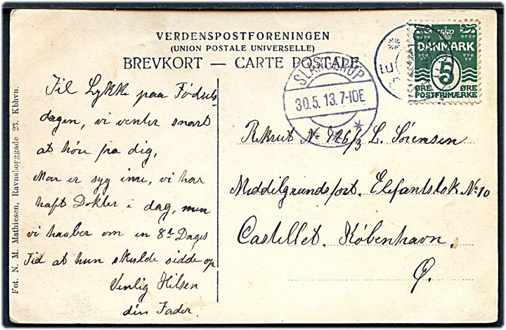 5 øre Bølgelinie på brevkort (Parti fra Gørløse) annulleret med sjældent stjernestempel GJØRLØSE og sidestemplet Slangerup d. 30.5.1913 til rekrut på Middelgrundfortet, Kastellet, København.