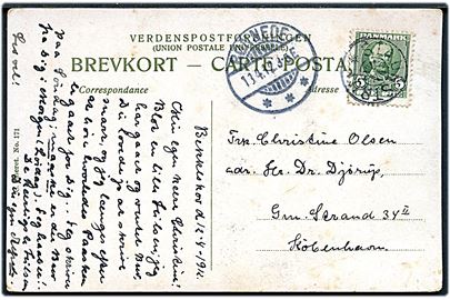 5 øre Fr. VIII på brevkort annulleret med stjernestempel STRAUNSTRUP og sidestemplet Rønnede d. 13.4.1912 til København.