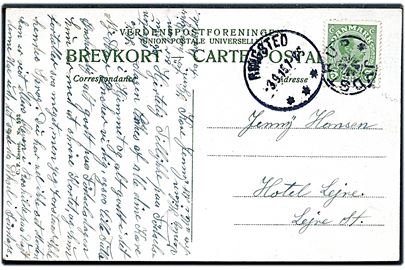 5 øre Chr. X på brevkort (Odense Å med dampbåd) annulleret med stjernestempel JYDSTRUP og sidestemplet Ringsted d. 3.9.1915 til Lejre.