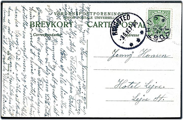 5 øre Chr. X på brevkort (Odense Å med dampbåd) annulleret med stjernestempel JYDSTRUP og sidestemplet Ringsted d. 3.9.1915 til Lejre.