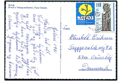 110 øre Kirkestol og JAVM mærkat på brevkort annulleret med pr.-stempel Kvivik pr. Tórshavn d. 23.12.1981 til Brønshøj, Danmark.