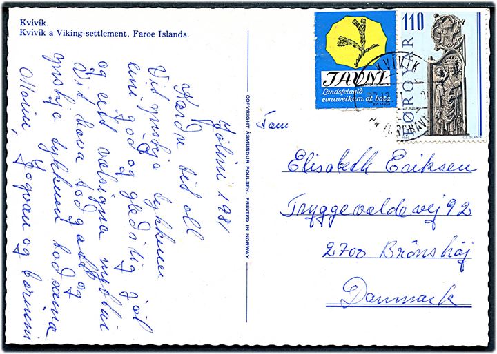110 øre Kirkestol og JAVM mærkat på brevkort annulleret med pr.-stempel Kvivik pr. Tórshavn d. 23.12.1981 til Brønshøj, Danmark.