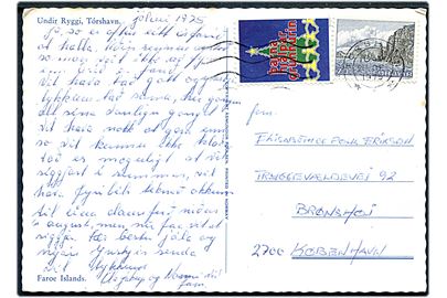 70 øre Landskab og Barnahjalpar grunnurin mærkat på brevkort fra Tórshavn d. 20.12.1975 til Brønshøj, Danmark.
