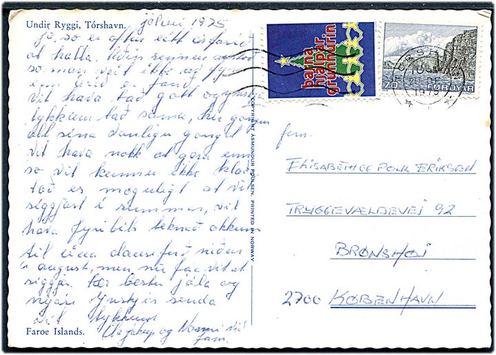 70 øre Landskab og Barnahjalpar grunnurin mærkat på brevkort fra Tórshavn d. 20.12.1975 til Brønshøj, Danmark.