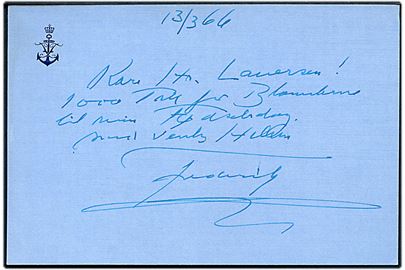 Håndskrevet takkekort fra kong Frederik IX dateret d. 13.3.1966. Uden kuvert.