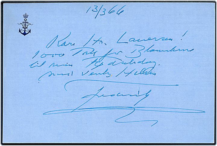 Håndskrevet takkekort fra kong Frederik IX dateret d. 13.3.1966. Uden kuvert.