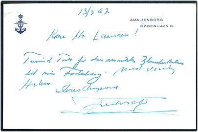 Håndskrevet takkekort fra kong Frederik IX dateret d. 13.3.1962. Uden kuvert.