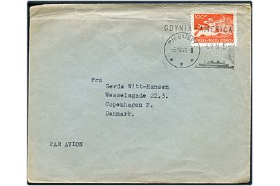 100 zl. på luftpostbrev annulleret med skibsstempel m/s Batory / Gdynia - America Line d. 6.10.1949 til København, Danmark.