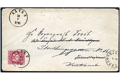 3 sk. Posthorn på brev annulleret Alten d. 30.8.1872 til Trondhjem - eftersendt til Kristiania.