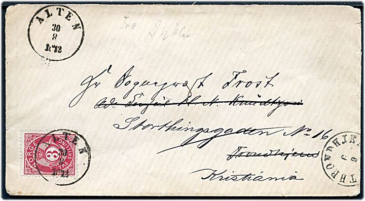 3 sk. Posthorn på brev annulleret Alten d. 30.8.1872 til Trondhjem - eftersendt til Kristiania.
