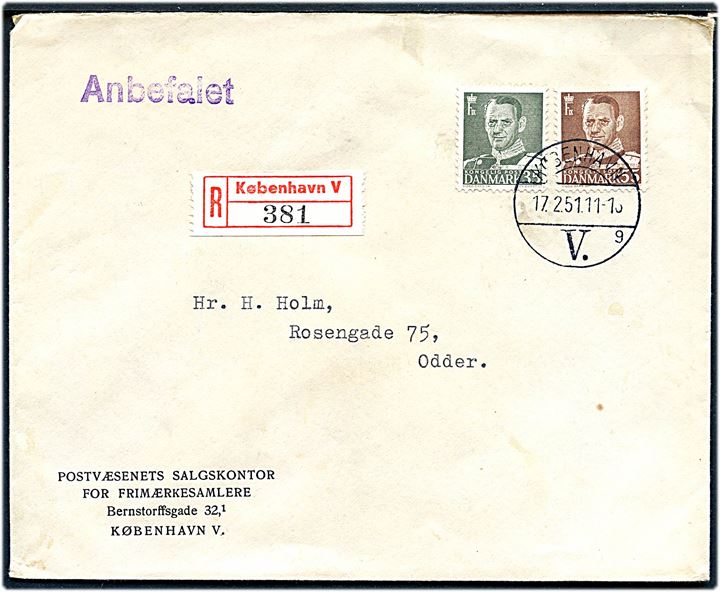 35 øre og 55 øre Fr. IX på anbefalet brev fra København d. 17.2.1951 til Odder.