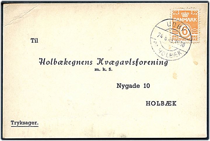 6 øre Bølgelinie på lokalt tryksagskort annulleret med pr.stempel Udby pr. Holbæk d. 24.6.1949 til Holbæk.