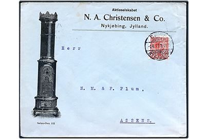10 øre Chr. X på illustreret firmakuvert fra N. A. Christensen & Co. i Nykøbing annulleret med bureaustempel Skive - Nykjøbing T.117? d. 2.4.1914 til Assens.