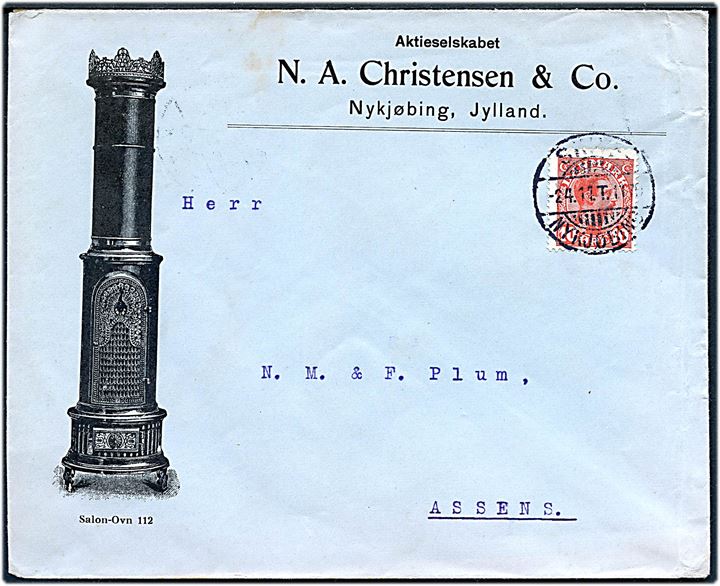 10 øre Chr. X på illustreret firmakuvert fra N. A. Christensen & Co. i Nykøbing annulleret med bureaustempel Skive - Nykjøbing T.117? d. 2.4.1914 til Assens.
