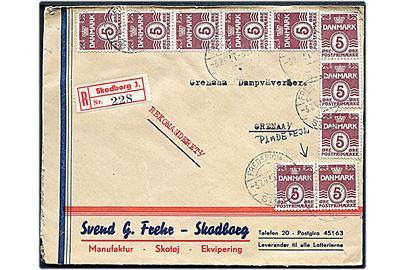 5 øre Bølgelinie (10) på anbefalet brev fra Skodborg J. annulleret med bureaustempel Fredericia - Struer T.381 d. 3.7.1947 til Grenaa. Påsat fortrykt rec.-etiket Skodborg J..