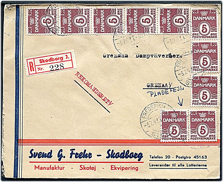 5 øre Bølgelinie (10) på anbefalet brev fra Skodborg J. annulleret med bureaustempel Fredericia - Struer T.381 d. 3.7.1947 til Grenaa. Påsat fortrykt rec.-etiket Skodborg J..