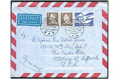 20 øre Fr. IX (2) og 60 øre SAS jubilæum på luftpostbrev fra Nykøbing Fl. d. 14.10.1961 til Flushing, USA.