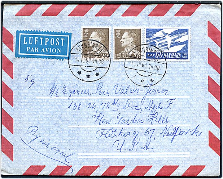 20 øre Fr. IX (2) og 60 øre SAS jubilæum på luftpostbrev fra Nykøbing Fl. d. 14.10.1961 til Flushing, USA.